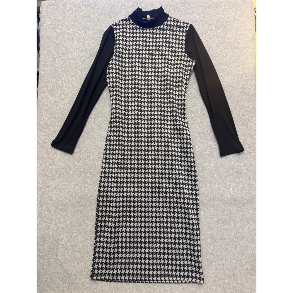 Urban Rose Houndstooth Mock Neck Midi Dress Black White Open‎ Back Small